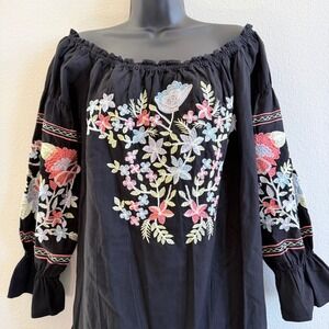 NWT Free People Black Embroidered Floral Boho Off Shoulder Mini Dress L OB613765